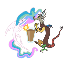 Size: 2449x2449 | Tagged: safe, artist:agnessangel, discord, princess celestia, alicorn, draconequus, pony, g4, chocolate, chocolate milk, female, flag, high res, male, milk, ship:dislestia, shipping, simple background, straight, sun, transparent background