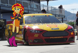 Size: 2615x1765 | Tagged: safe, sunset shimmer, equestria girls, g4, car, equestria girls in real life, ford, ford fusion, joey logano, motorsport, nascar, photo, race track, racecar, racing
