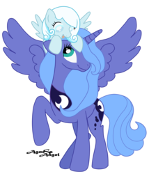 Size: 2700x3149 | Tagged: safe, artist:agnessangel, princess luna, oc, oc:snowdrop, alicorn, pegasus, pony, g4, cute, high res, looking at each other, pegasus oc, ponies riding ponies, pony hat, riding, s1 luna, simple background, snowbetes, transparent background, wings