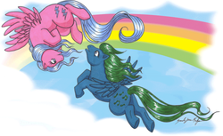 Size: 900x549 | Tagged: safe, artist:therainedrop, firefly, medley, pegasus, pony, g1, female, mare, rainbow