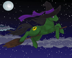 Size: 900x720 | Tagged: safe, artist:therainedrop, oc, oc only, broom, flying, flying broomstick, hat, moon, night, witch