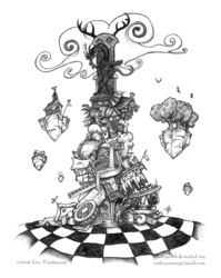 Size: 972x1224 | Tagged: safe, artist:halfsparkle, discord, draconequus, g4, chaos, checkerboard, discord's throne, floating island, grayscale, male, monochrome, solo, throne