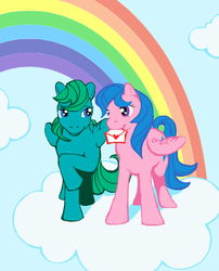 Size: 516x640 | Tagged: safe, artist:canis-m, firefly, medley, pegasus, pony, g1, cloud, cloudy, duo, envelope, female, hooves, lesbian, letter, mare, mouth hold, on a cloud, rainbow, raised hoof, ship:medlefly, shipping, standing, standing on a cloud, wings
