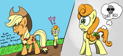 Size: 1544x701 | Tagged: safe, artist:varemia, applejack, carrot top, golden harvest, earth pony, pony, g4, 2 panel comic, comic, dat ass, exclamation point, female, implied lesbian, lip bite, mare, meme, open mouth, raise this barn, thought bubble