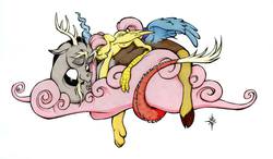 Size: 960x560 | Tagged: safe, artist:halfsparkle, discord, fluttershy, g4, cotton candy cloud, cuddling, female, male, ship:discoshy, shipping, sleeping, snuggling, straight