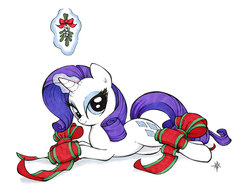 Size: 900x702 | Tagged: safe, artist:halfsparkle, rarity, g4, bondage, mistletoe, ribbon, tied up