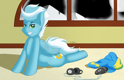 Size: 1800x1165 | Tagged: safe, artist:ookamithewolf1, fleetfoot, g4, backbend, cobra stretch, headphones, pose