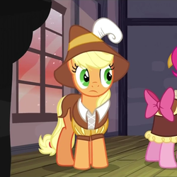 Size: 714x714 | Tagged: safe, screencap, applejack, chancellor puddinghead, pinkie pie, smart cookie, earth pony, pony, g4, hearth's warming eve (episode), clothes, cropped, female, mare, solo focus, wide eyes
