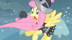 Size: 1280x720 | Tagged: safe, screencap, fluttershy, private pansy, g4, hearth's warming eve (episode), clothes, cloud, cosplay, costume, mountain, snow, snowfall