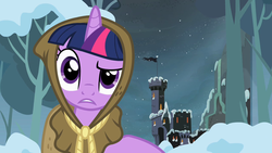 Size: 1280x720 | Tagged: safe, screencap, clover the clever, twilight sparkle, pony, g4, hearth's warming eve (episode), canvas, castle, clothes, costume, female, front view, hood, mare, slowpoke, snow, snowfall, tree, unicorn tribe