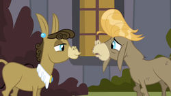 Size: 1152x648 | Tagged: safe, screencap, cranky doodle donkey, matilda, donkey, a friend in deed, g4, eye contact, female, floppy ears, looking at each other, male, mare, ship:crankilda, shipping, straight