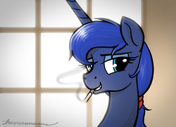 Size: 750x543 | Tagged: safe, artist:selenophile, princess luna, g4, bedroom eyes, cigarette, female, grin, looking at you, messy mane, missing accessory, morning, smiling, smirk, smoke, smoking, solo