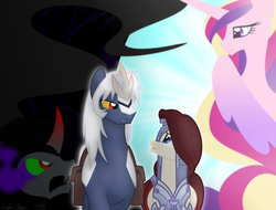 Size: 1161x882 | Tagged: safe, artist:faith-wolff, king sombra, princess cadance, oc, oc:blade dancer, alicorn, kaiju pony, pegasus, pony, unicorn, fanfic:the bridge, g4, armor, bladenilla, colored sclera, female, godzilla (series), guardsmare, helmet, horn, male, mare, ponified, read in beast wars megatron's voice, royal guard, spacegodzilla, stallion, story included, tricorn, xenilla, yellow sclera