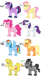 Size: 800x1475 | Tagged: safe, artist:ficficponyfic, applejack, fluttershy, pinkie pie, rainbow dash, rarity, twilight sparkle, oc, oc:blazing saddles, oc:golden brisk, alicorn, pony, g4, and then there's rarity, comparison, female, hoers, mane six, mare, neigh, twilight sparkle (alicorn)