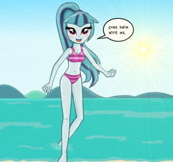 Size: 1396x1301 | Tagged: safe, artist:majkashinoda626, sonata dusk, equestria girls, g4, beach, beautiful, belly button, bikini, blushing, cleavage, clothes, cute, dialogue, female, lens flare, not evil, sirens doing siren things, solo, sonatabetes, swimsuit, this will end in death