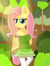 Size: 1152x1500 | Tagged: safe, artist:cutiepoppony, fluttershy, pegasus, anthro, g4, breasts, clothes, female, forest, looking at you, solo, stockings, thigh highs