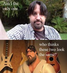 Size: 605x660 | Tagged: safe, human, barely pony related, coincidence i think not, comparison, guitar, image macro, irl, irl human, m.a. larson, megamind, meme, metro man, photo, selfie