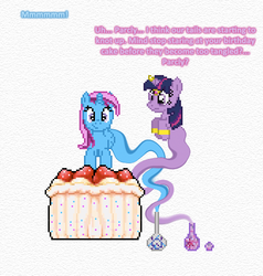 Size: 504x529 | Tagged: safe, artist:verve, twilight sparkle, oc, oc:parcly taxel, alicorn, genie, genie pony, pony, ain't never had friends like us, albumin flask, ask genie twilight, g4, alicorn oc, birthday cake, bottle, cake, strawberry