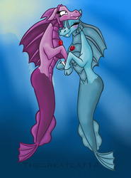 Size: 1024x1382 | Tagged: safe, artist:queentigrel, aria blaze, sonata dusk, hippocampus, merpony, siren, g4, blushing, crepuscular rays, dorsal fin, eyes closed, female, fin, fins, fish tail, flowing tail, gem, lesbian, looking at each other, looking at someone, ocean, pearl, scales, ship:arisona, shipping, sunlight, swimming, tail, true form, underwater, water