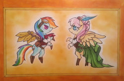 Size: 1024x671 | Tagged: safe, artist:creativeshiba, fluttershy, rainbow dash, g4, clothes, steampunk