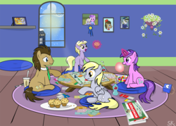 Size: 1500x1071 | Tagged: safe, artist:dsana, amethyst star, carrot top, derpy hooves, dinky hooves, doctor whooves, filthy rich, golden harvest, sparkler, time turner, pegasus, pony, board game, bowtie, bubblegum, cute, dalek, dice, discord lamp, doctor who, female, fez, flower, food, friendship express, gum, hat, hoofbump, magic, mailpony, mare, money, monopoly, muffin, necktie, sonic screwdriver, tardis, telekinesis, the doctor