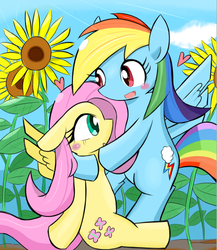 Size: 458x528 | Tagged: safe, artist:timorikawa, fluttershy, rainbow dash, g4, blushing, female, lesbian, pixiv, ship:flutterdash, shipping, sunflower