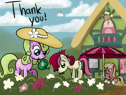 Size: 1280x960 | Tagged: safe, artist:why485, daisy, flower wishes, lily, lily valley, roseluck, oc, ask the flower trio, g4, ask, cloud, cloudy, flower, flower trio, garden, gardening, hat, mouth hold, rose, tumblr, watering can
