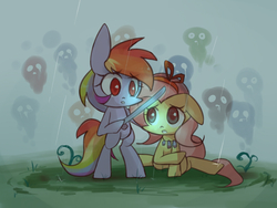 Size: 1024x768 | Tagged: safe, artist:joycall6, fluttershy, rainbow dash, g4, bipedal, duo, full body, hoof hold, looking at each other, looking at someone, rain