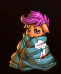 Size: 1478x1804 | Tagged: safe, artist:mrs1989, scootaloo, pegasus, pony, g4, blanket, cold, cute, cutealoo, female, filly, floppy ears, flu, foal, illness, looking at you, raised eyebrow, red nosed, sad, sick, snot, solo
