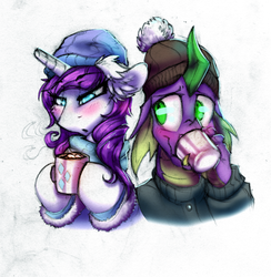 Size: 1455x1493 | Tagged: safe, artist:duh-veed, artist:terror--bite, artist:the--cloudsmasher, rarity, spike, g4, beanie, blushing, clothes, coat, cold, cup, female, hat, hot chocolate, male, scarf, ship:sparity, shipping, straight, winter