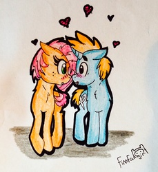 Size: 1877x2046 | Tagged: safe, artist:finnfangirl, babs seed, snips, earth pony, pony, unicorn, g4, bips, female, heart, hilarious in hindsight, male, shipping, straight, traditional art