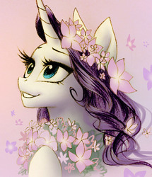 Size: 1258x1464 | Tagged: safe, artist:katputze, rarity, pony, unicorn, g4, female, floral head wreath, flower, mare, pink background, portrait, simple background, smiling, solo