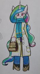 Size: 553x1024 | Tagged: safe, artist:yajima, princess celestia, anthro, g4, arm hooves, clothes, female, high heels, jacket, purse, scarf, shoes, solo, traditional art