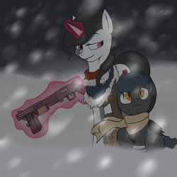 Size: 894x894 | Tagged: safe, artist:slouping, oc, oc only, oc:cartouche, oc:cartridge, bat pony, pony, unicorn, fallout equestria, clothes, gun, looking back, looking up, magic, mother and son, raider, scarf, shotgun, snow, snowfall, telekinesis, weapon, young