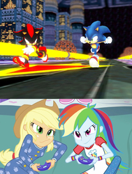 Size: 841x1110 | Tagged: source needed, safe, applejack, rainbow dash, equestria girls, g4, applejack and rainbow dash playing, console, crossover, exploitable meme, male, meme, shadow the hedgehog, sonic adventure 2, sonic the hedgehog, sonic the hedgehog (series), video game