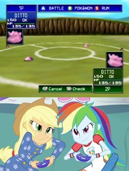 Size: 776x1024 | Tagged: safe, applejack, rainbow dash, ditto, equestria girls, g4, my little pony equestria girls: rainbow rocks, applejack and rainbow dash playing, epic battle, exploitable meme, meme, pokémon, pokémon stadium, video game