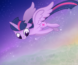 Size: 1200x1000 | Tagged: safe, artist:isa-isa-chan, twilight sparkle, alicorn, pony, g4, female, flying, looking down, mare, ponyville, solo, twilight sparkle (alicorn)