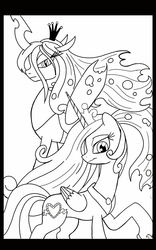 Size: 800x1280 | Tagged: dead source, safe, artist:theroyalprincesses, princess cadance, queen chrysalis, alicorn, changeling, changeling queen, pony, g4, female, monochrome