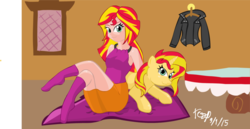 Size: 1024x528 | Tagged: safe, artist:tozinkai, sunset shimmer, human, pony, equestria girls, g4, ass, butt, human ponidox, missing shoes, relaxing, self ponidox, sitting