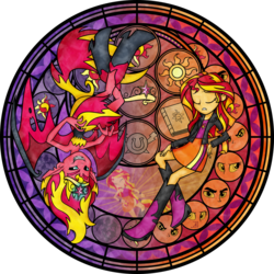 Size: 1024x1024 | Tagged: safe, artist:akili-amethyst, sunset shimmer, demon, equestria girls, g4, my little pony equestria girls, my little pony equestria girls: rainbow rocks, book, crown, cutie mark, disney, dive to the heart, duality, duo, eyes, eyes closed, female, kingdom hearts, sad, stained glass, sunset satan