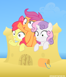 Size: 1781x2048 | Tagged: safe, artist:adiwan, apple bloom, scootaloo, sweetie belle, g4, cutie mark crusaders, derp, eye twitch, sandcastle