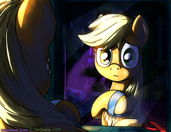 Size: 1650x1276 | Tagged: safe, artist:latecustomer, artist:thatonegib, applejack, g4, brush, female, hatless, loose hair, mirror, missing accessory, sad, solo