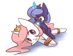 Size: 1300x1000 | Tagged: safe, artist:joycall6, princess celestia, princess luna, g4, bondage, cake, cewestia, filly, magic, woona