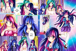 Size: 1110x751 | Tagged: safe, artist:kiriche, princess cadance, princess celestia, princess luna, twilight sparkle, human, g4, twilight's kingdom, alicorn tetrarchy, anime, canterlot castle, humanized, scene interpretation, style emulation, twilight sparkle (alicorn)