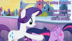 Size: 1920x1080 | Tagged: safe, artist:dowlphin, edit, edited screencap, screencap, rarity, twilight sparkle, alicorn, pony, unicorn, equestria girls, g4, caption, female, image macro, innuendo, lesbian, mare, meme, out of context, ship:rarilight, shipping, twilight sparkle (alicorn)