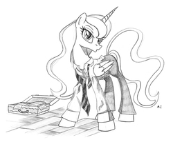 Size: 2787x2292 | Tagged: safe, artist:uminanimu, princess luna, alicorn, pony, g4, clothes, female, high res, mare, messy, monochrome, necktie, solo, suit