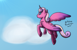 Size: 800x523 | Tagged: safe, artist:melindaington, princess skyla, alicorn, pony, g4, cloud, female, flying, mare, solo