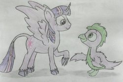 Size: 1024x686 | Tagged: safe, artist:moderndavinci, spike, twilight sparkle, alicorn, bird, classical unicorn, hyracotherium, pony, g4, birdified, cavemare, duo, gastornis, horn, leonine tail, prehistoric, raised hoof, simple background, species swap, traditional art, twilight sparkle (alicorn), white background