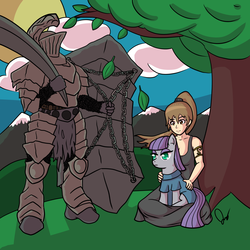 Size: 1200x1200 | Tagged: safe, artist:anonjg, maud pie, human, g4, crossover, dark souls, dark souls 2, havel the rock, shield, stone trader chloanne, tooth, tree