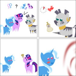 Size: 800x800 | Tagged: safe, artist:the smiling pony, trixie, twilight sparkle, zecora, oc, alicorn, pony, zebra, g4, :d, blushing, drinking, female, heart, lesbian, magical lesbian spawn, mare, offspring, open mouth, parent:trixie, parent:twilight sparkle, parents:twixie, pointy ponies, potion, ship:twixie, shipping, simple background, smiling, transparent background, twilight sparkle (alicorn)